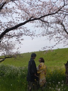 満開の桜のもと見つめあうふたり