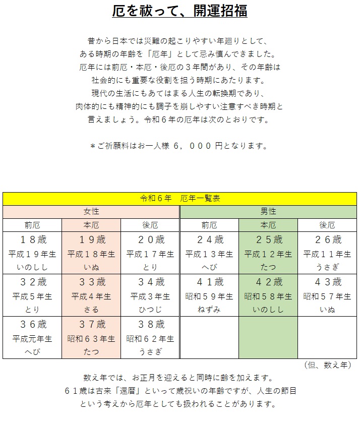 令和６年厄年表